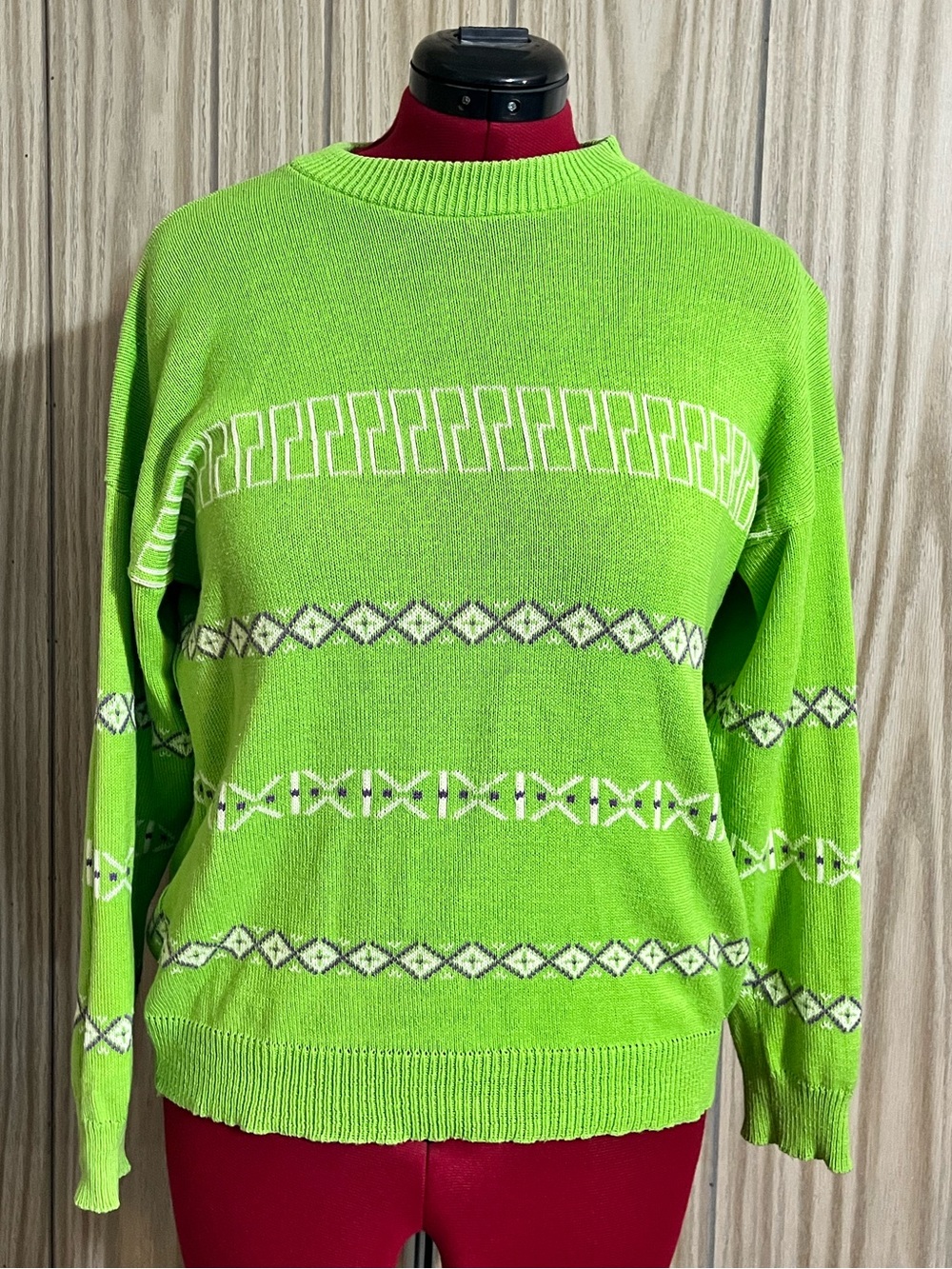 Vintage Fleur de Peau Lime Green Fair Isle Geometric Knit Crewneck Sweater